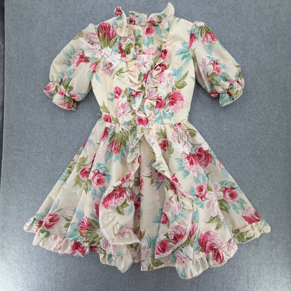 Square Dance Dress Co Floral Dress Womens 8 Cream Pink Ruffle Lace Vintage 1023